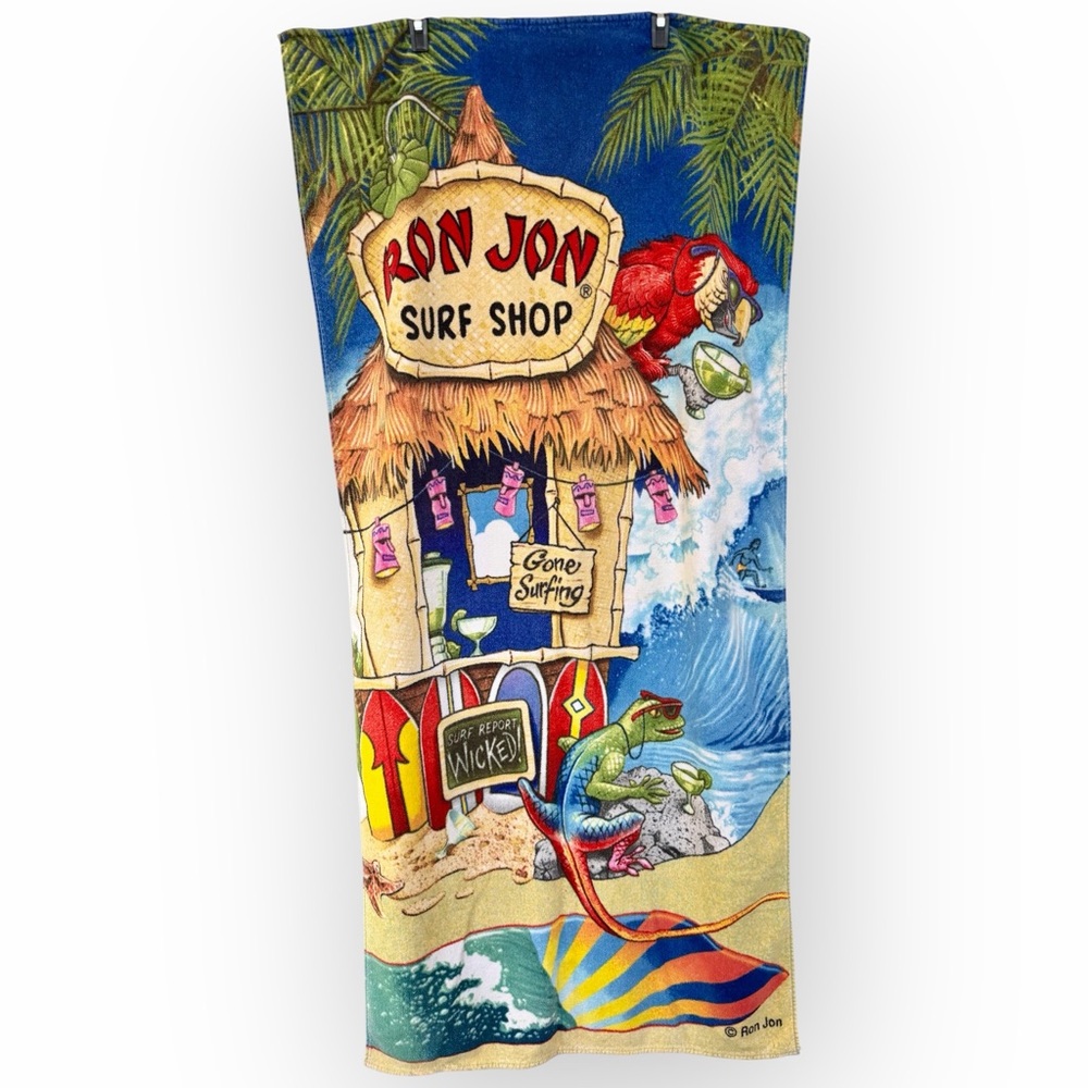 VNTG 90s Ron Jon Surf Shop Beach Towel Tiki Bar Parrot Lizard Brazil Royal Terry